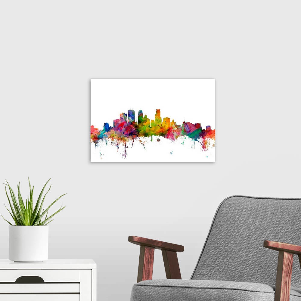 A modern room featuring Watercolor artwork of the Minneapolis skyline against a white background.