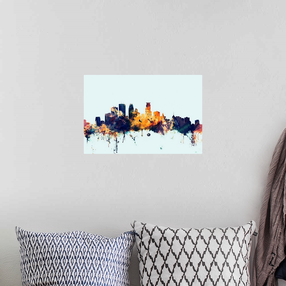 A bohemian room featuring Dark watercolor silhouette of the Minneapolis city skyline against a light blue background.