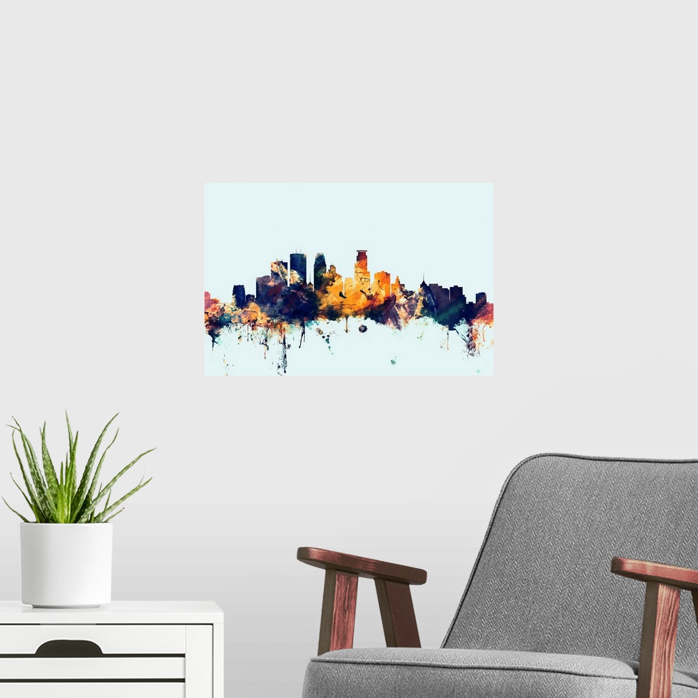 A modern room featuring Dark watercolor silhouette of the Minneapolis city skyline against a light blue background.