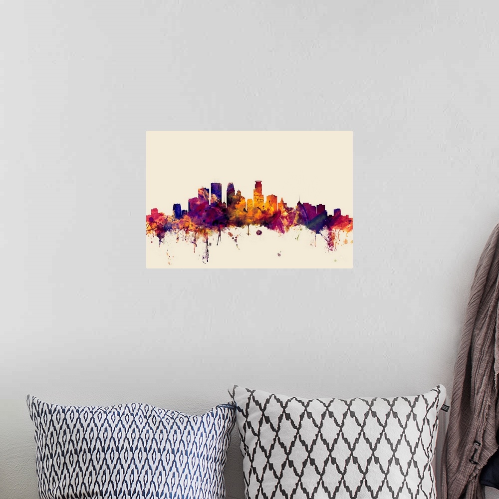 A bohemian room featuring Dark watercolor splattered silhouette of the Minneapolis city skyline.
