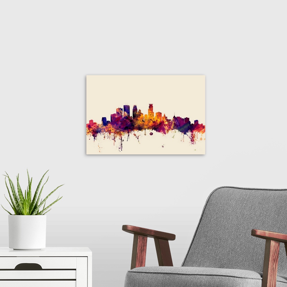 A modern room featuring Dark watercolor splattered silhouette of the Minneapolis city skyline.