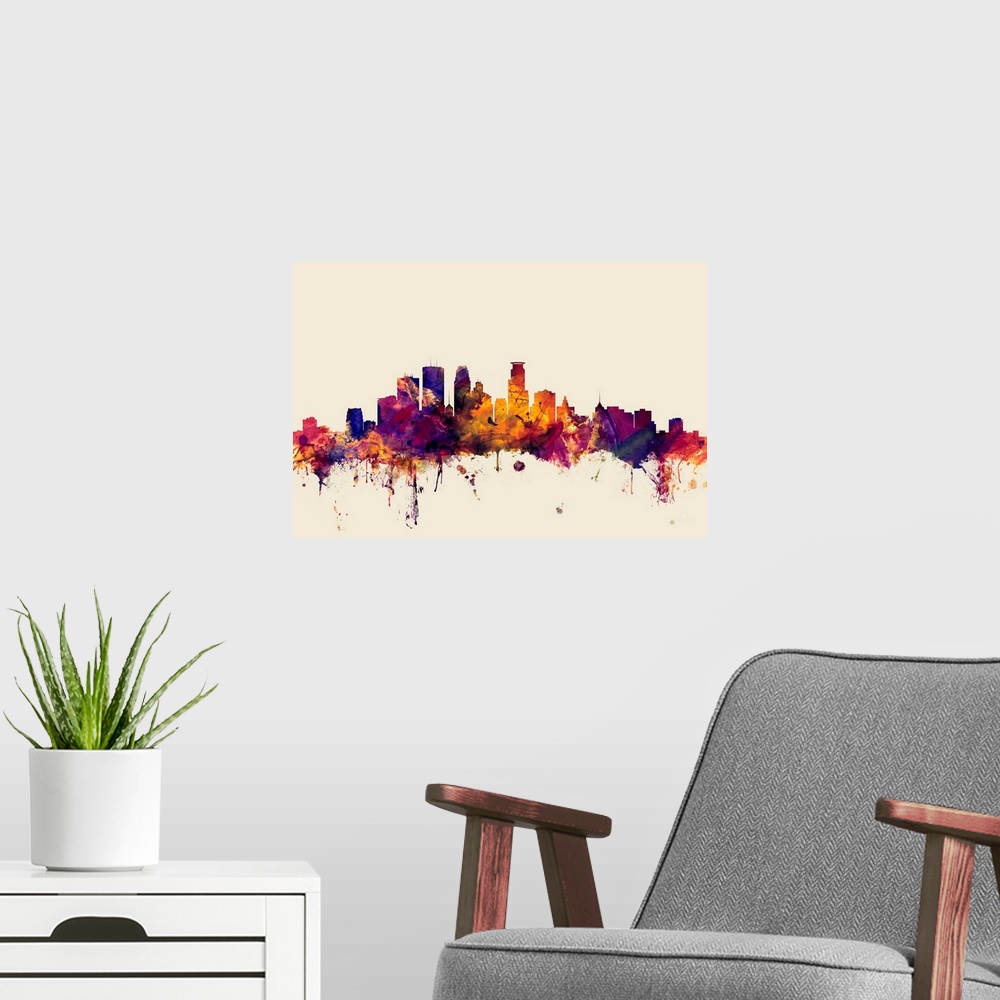 A modern room featuring Dark watercolor splattered silhouette of the Minneapolis city skyline.
