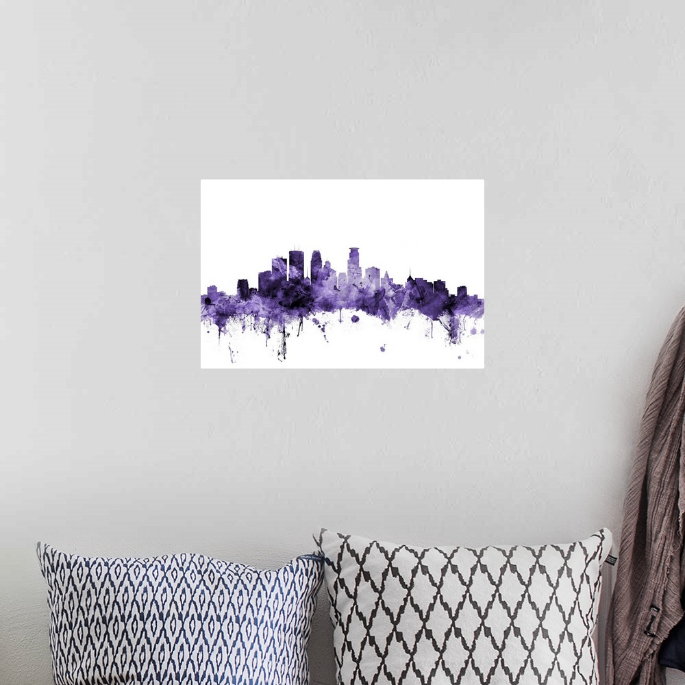 A bohemian room featuring Watercolor art print of the skyline of Minneapolis, Minnesota, United States