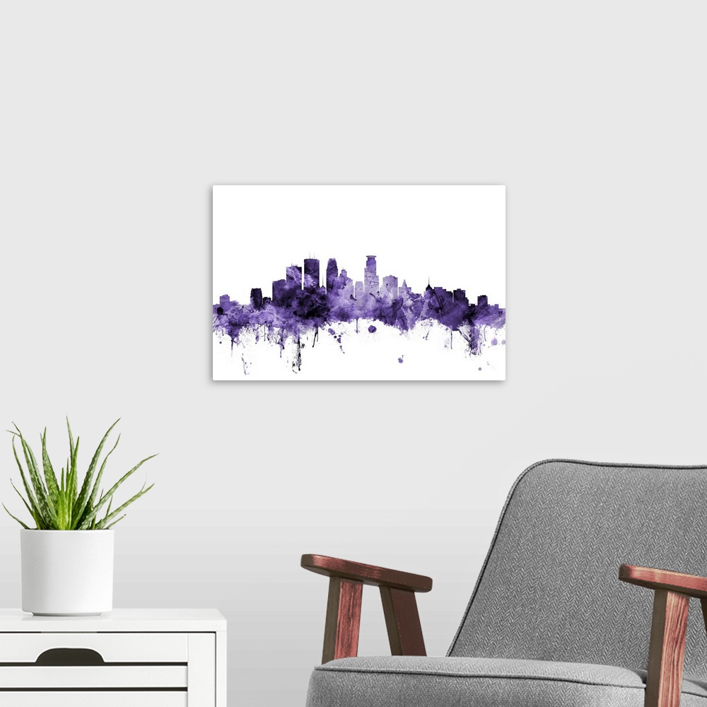A modern room featuring Watercolor art print of the skyline of Minneapolis, Minnesota, United States