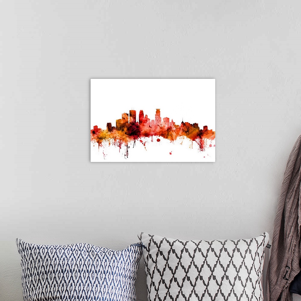 A bohemian room featuring Watercolor art print of the skyline of Minneapolis, Minnesota, United States.