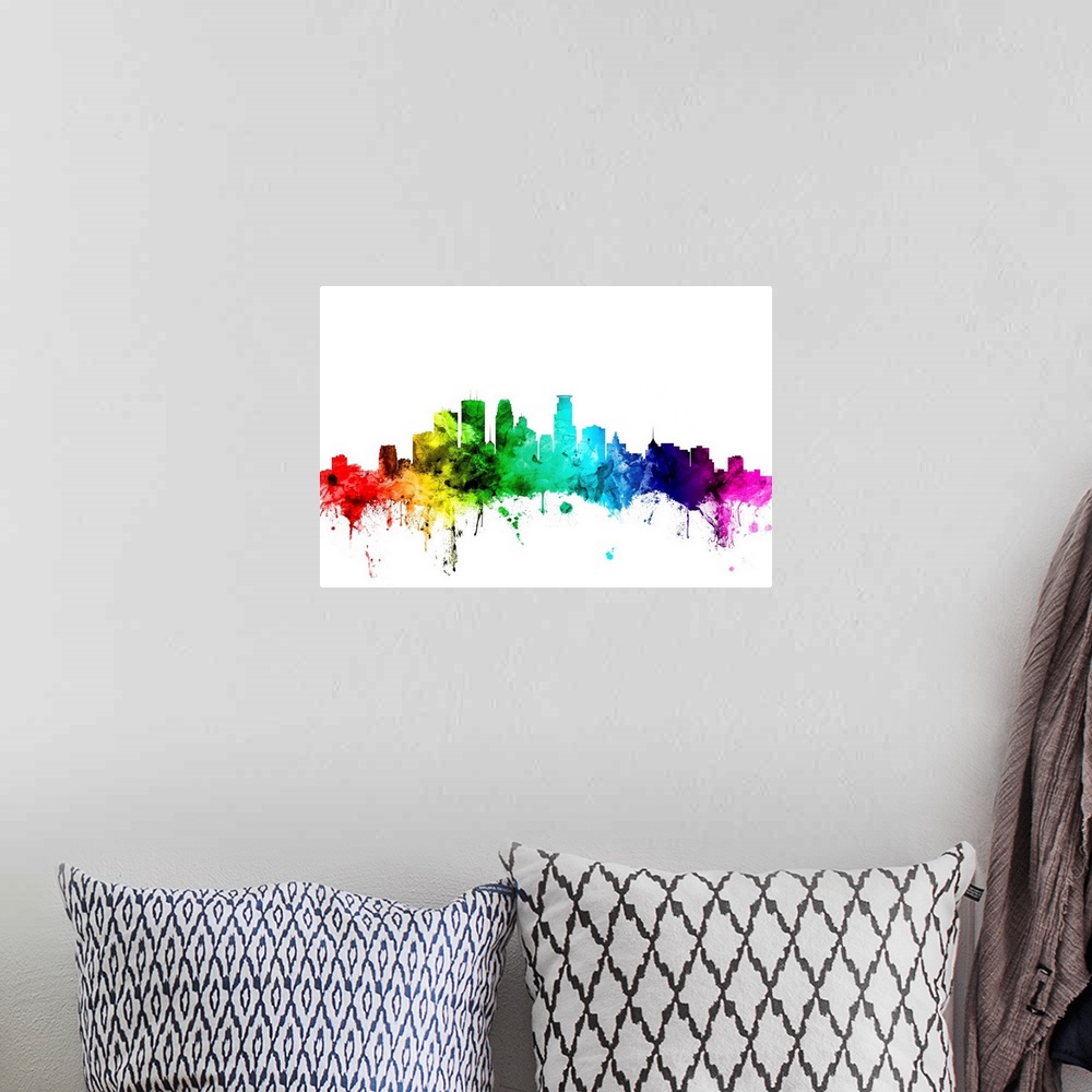 A bohemian room featuring Watercolor art print of the skyline of Minneapolis, Minnesota, United States.