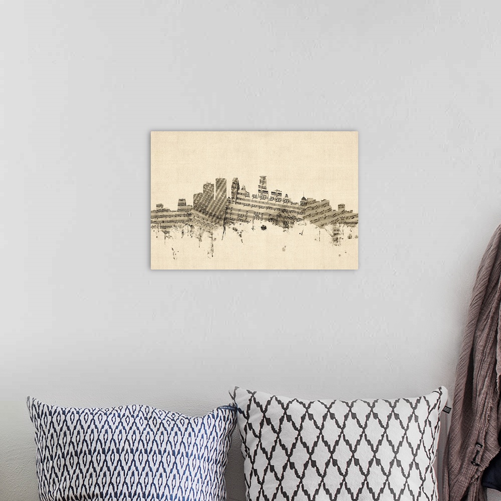 A bohemian room featuring Sheet music art print of the skyline of Minneapolis, Minnesota, United States.