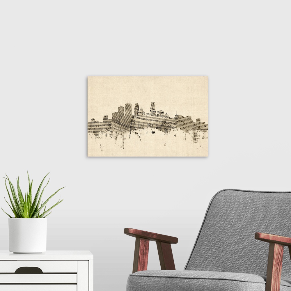 A modern room featuring Sheet music art print of the skyline of Minneapolis, Minnesota, United States.