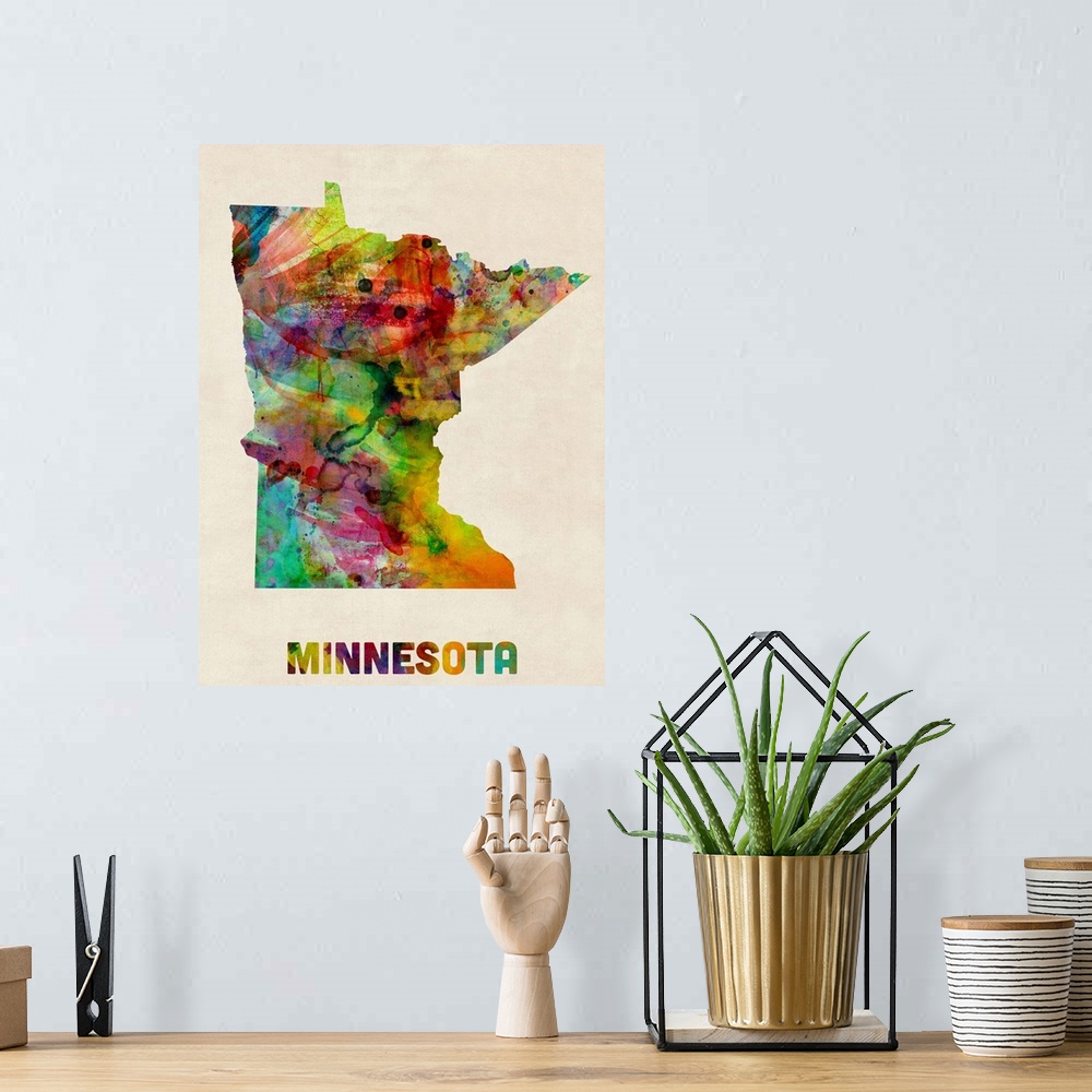 A bohemian room featuring Contemporary piece of artwork of a map of Minnesota made up of watercolor splashes.