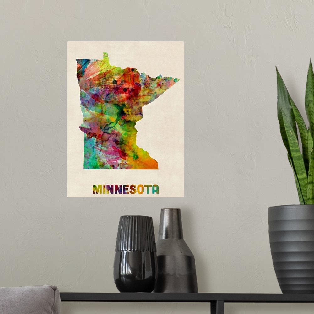 A modern room featuring Contemporary piece of artwork of a map of Minnesota made up of watercolor splashes.