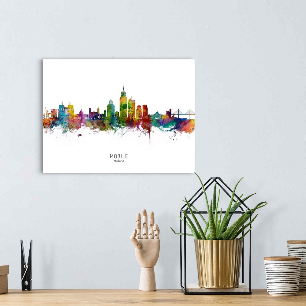 A bohemian room featuring Watercolor art print of the skyline of Mobile, Alabama