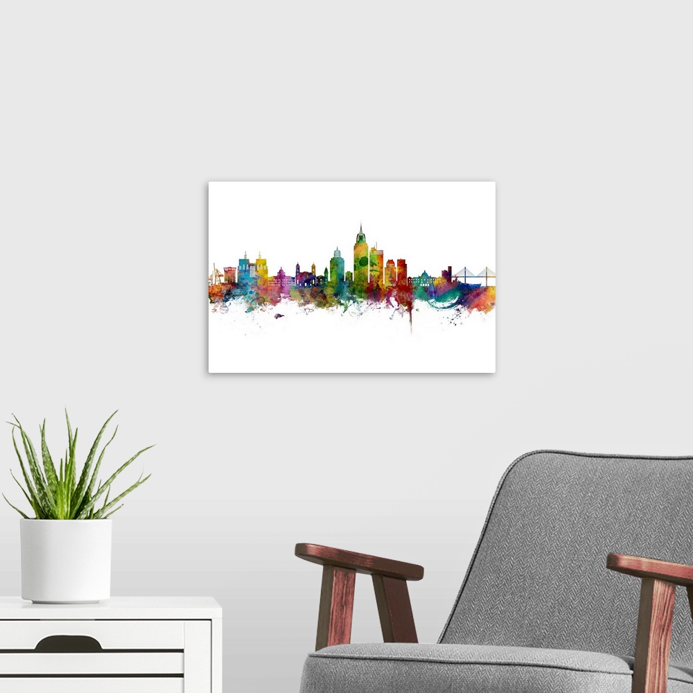 A modern room featuring Watercolor art print of the skyline of Mobile, Alabama