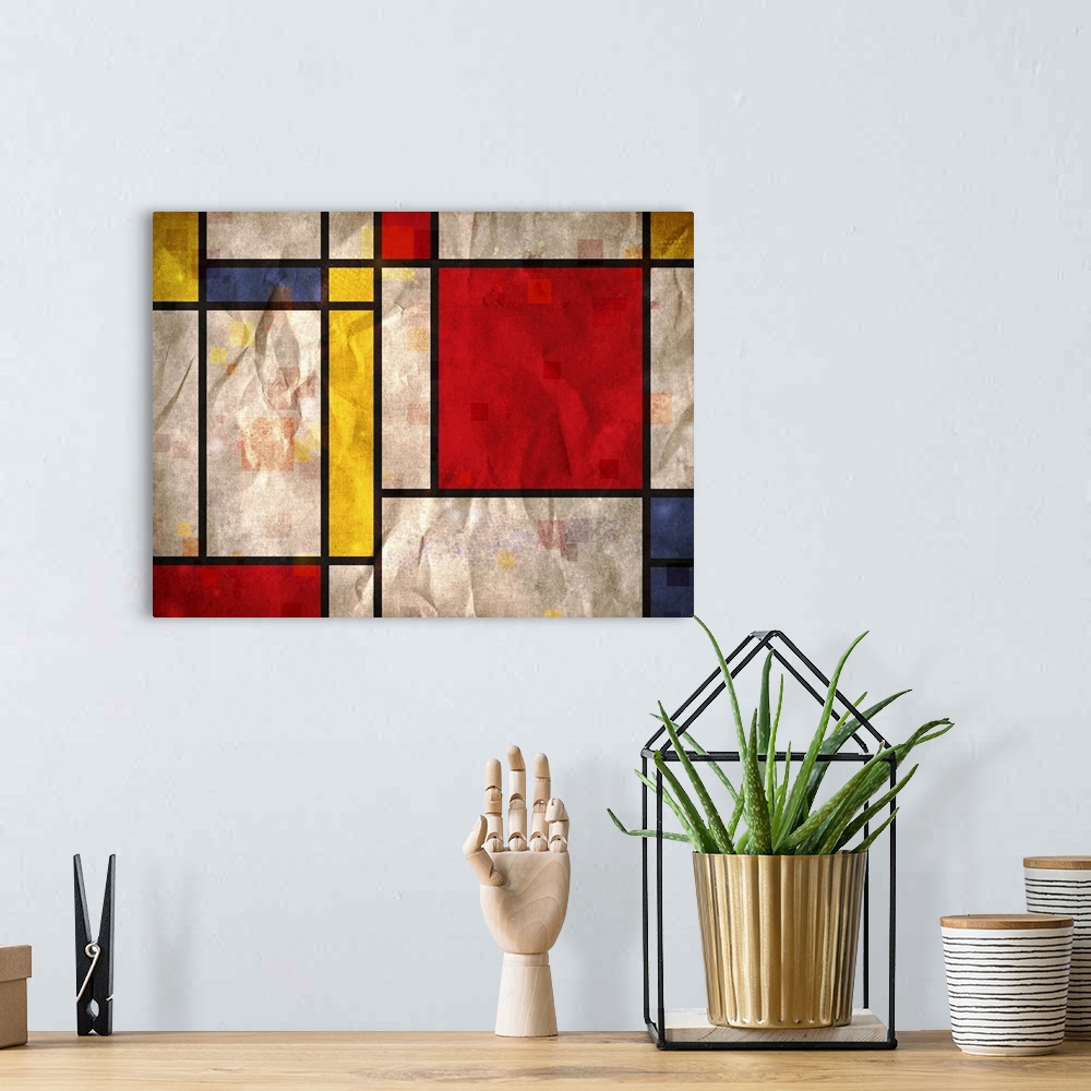 A bohemian room featuring Digital abstract art blocks in varying sizes and primary colors separated by thick bold lines.