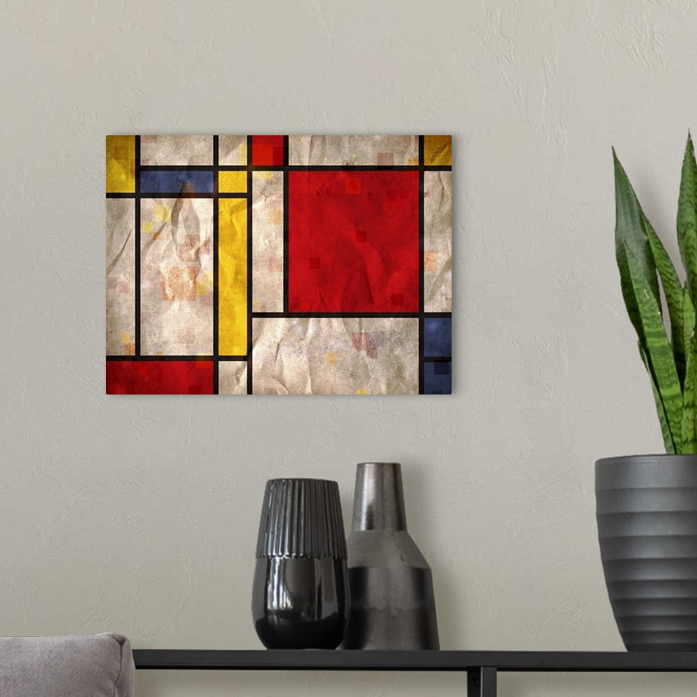 A modern room featuring Digital abstract art blocks in varying sizes and primary colors separated by thick bold lines.