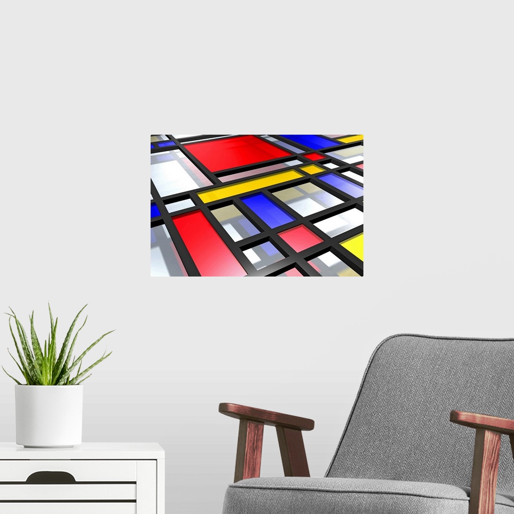 A modern room featuring Horizontal, contemporary 3D artwork on a large canvas of an angled surface of intersecting black ...