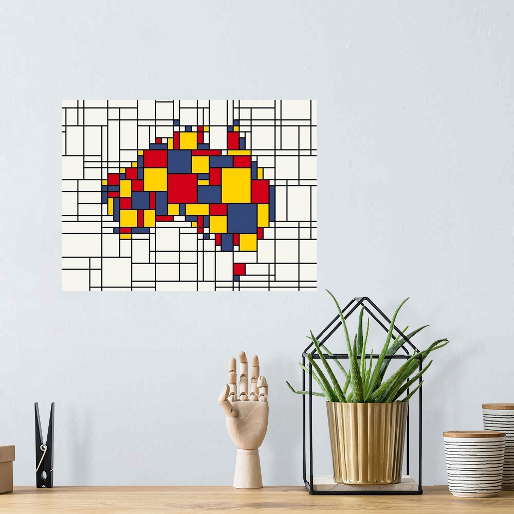 A bohemian room featuring Contemporary artwork of a map of the country Australia made of squares and rectangles, imitating ...