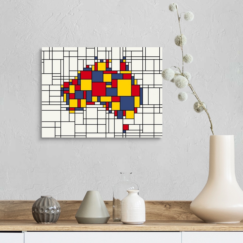 A farmhouse room featuring Contemporary artwork of a map of the country Australia made of squares and rectangles, imitating ...