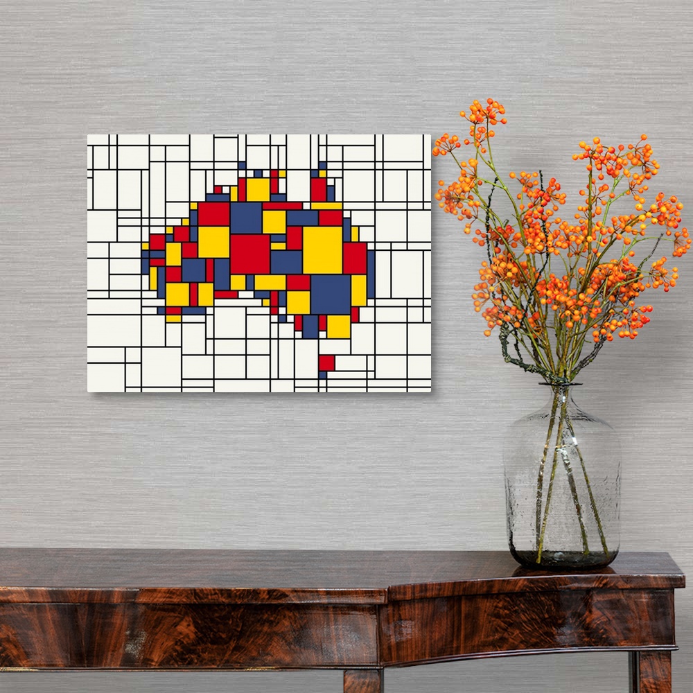 A traditional room featuring Contemporary artwork of a map of the country Australia made of squares and rectangles, imitating ...