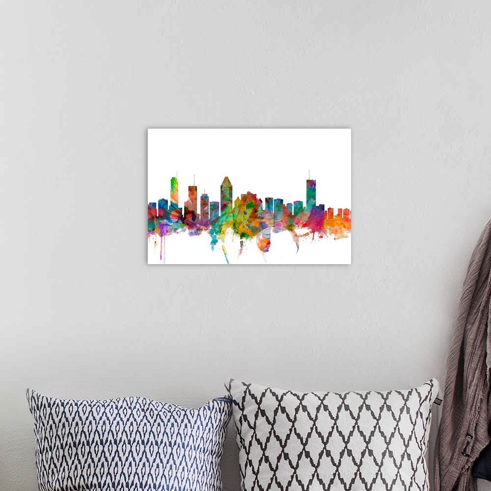 A bohemian room featuring Watercolor artwork of the Montreal skyline against a white background.