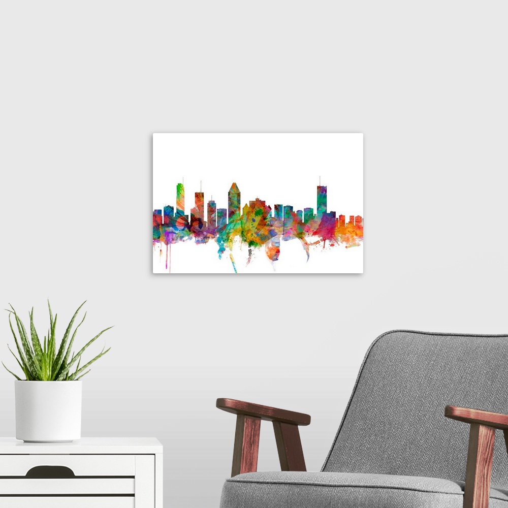A modern room featuring Watercolor artwork of the Montreal skyline against a white background.