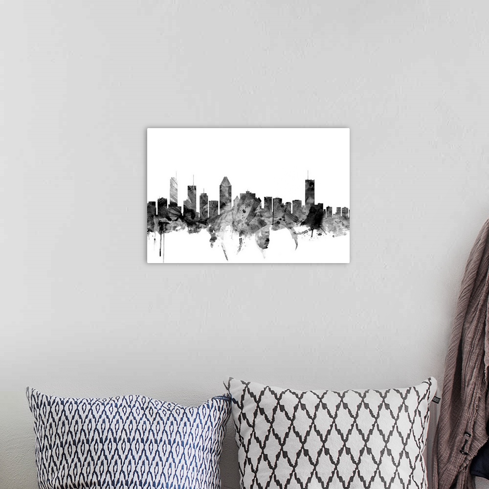 A bohemian room featuring Contemporary artwork of the Montreal city skyline in black watercolor paint splashes.
