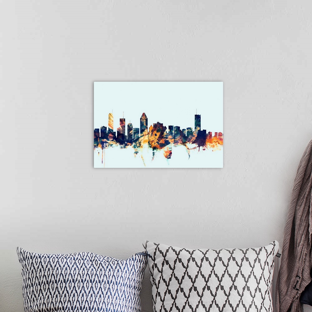 A bohemian room featuring Dark watercolor silhouette of the Montreal city skyline against a light blue background.