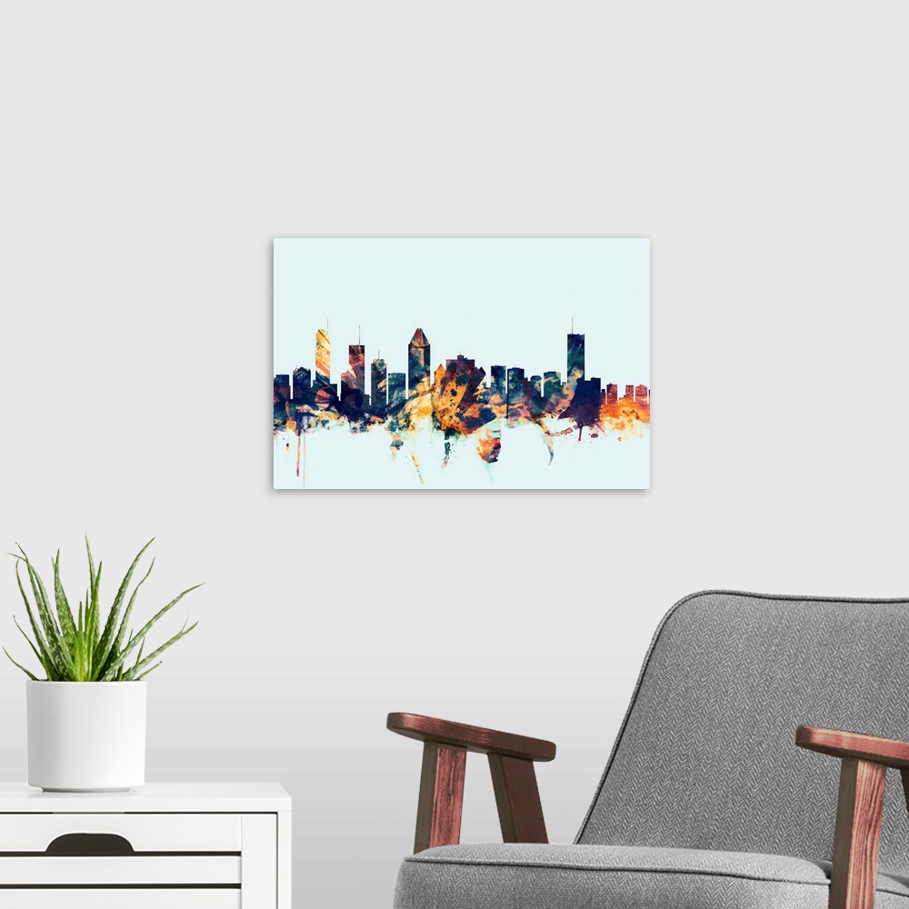 A modern room featuring Dark watercolor silhouette of the Montreal city skyline against a light blue background.