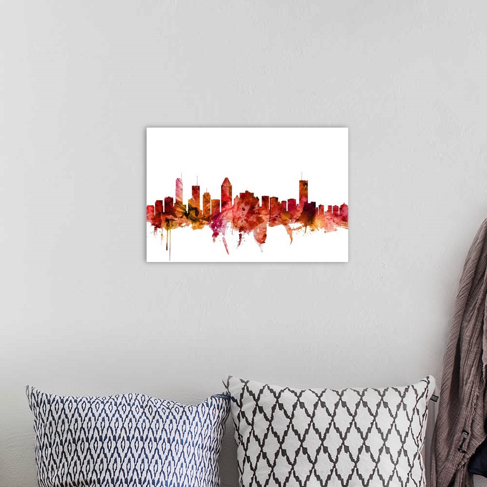 A bohemian room featuring Watercolor art print of the skyline of Montreal, Canada.