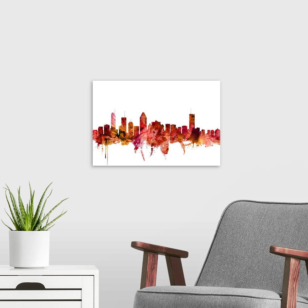 A modern room featuring Watercolor art print of the skyline of Montreal, Canada.