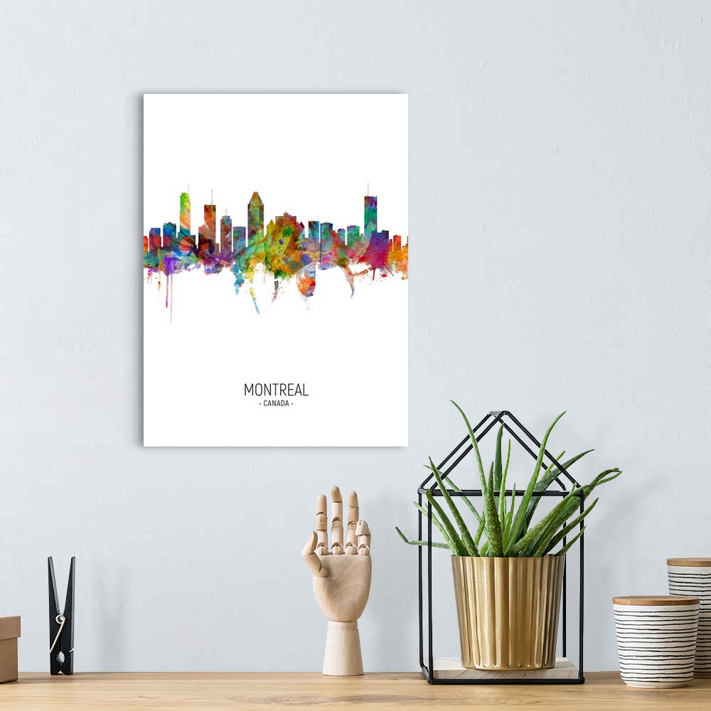 A bohemian room featuring Watercolor art print of the skyline of Montreal, Canada