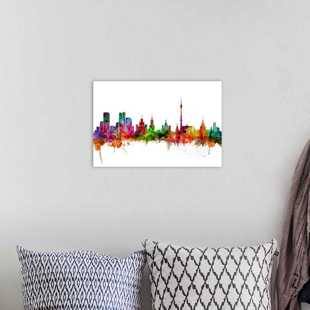 A bohemian room featuring Watercolor artwork of the Moscow skyline against a white background.