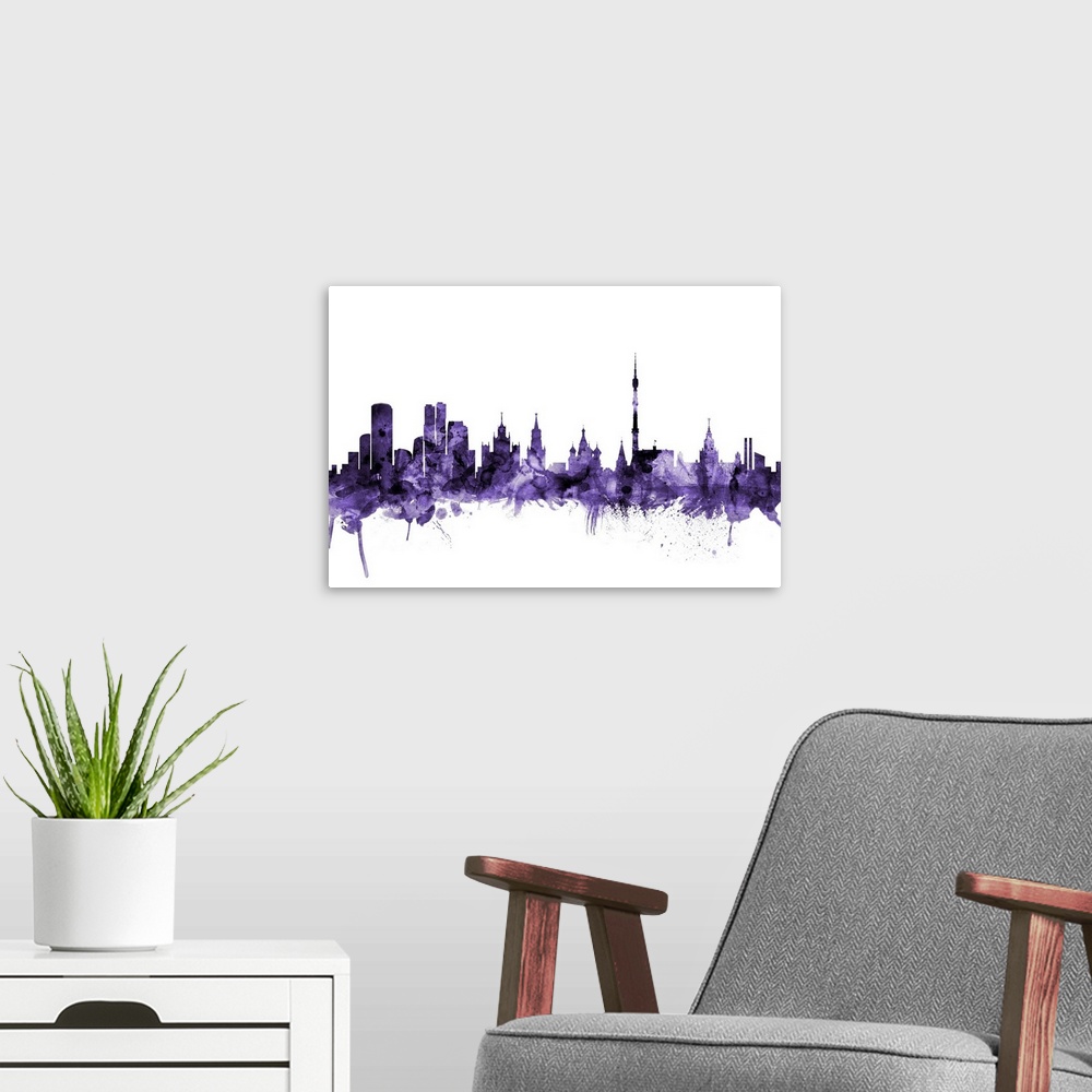 A modern room featuring Watercolor art print of the skyline of Moscow, Russia