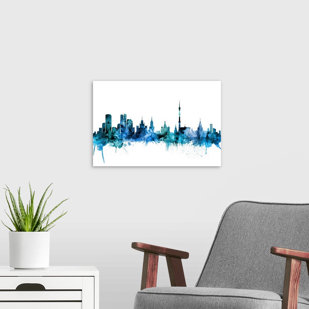 A modern room featuring Watercolor art print of the skyline of Moscow, Russia.