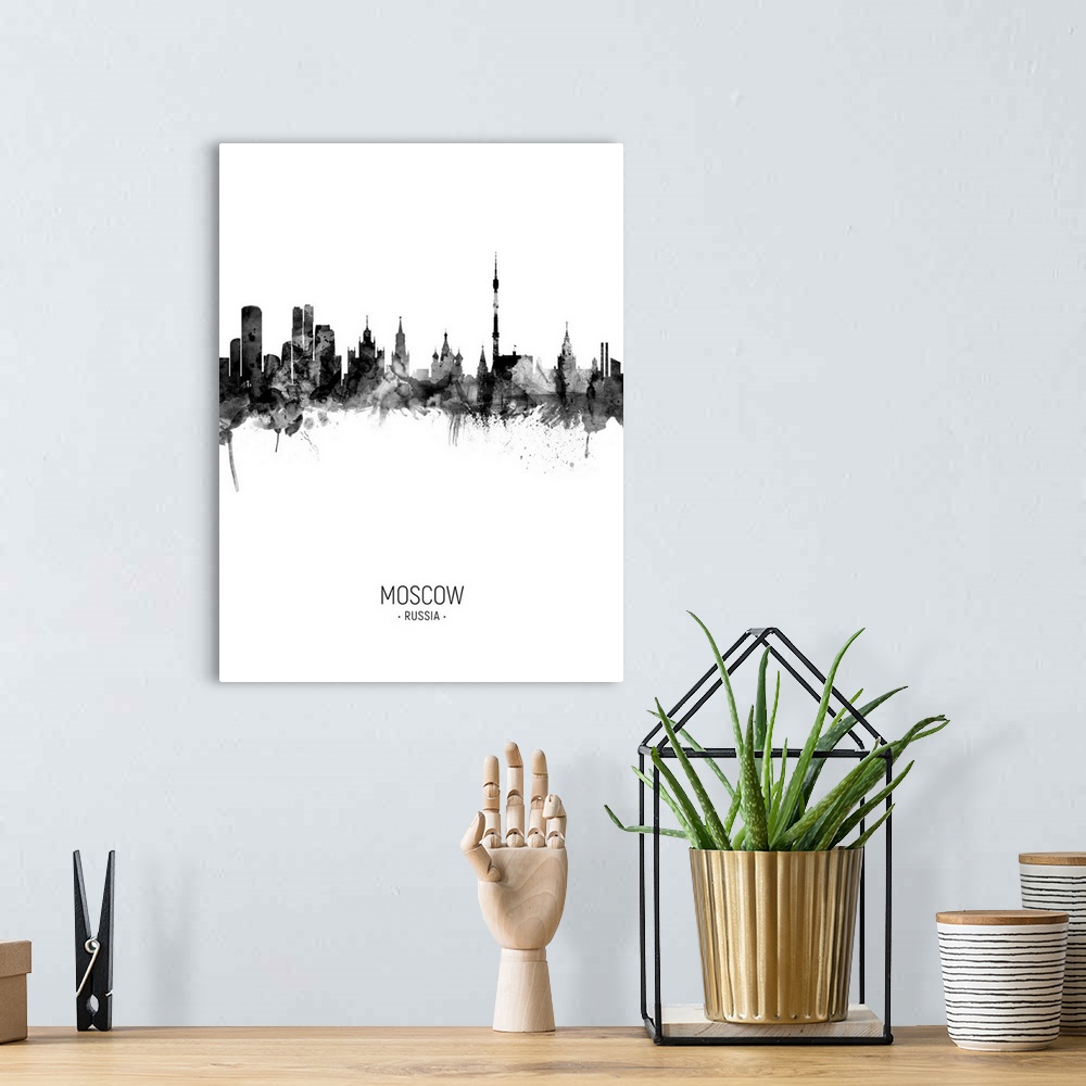 A bohemian room featuring Watercolor art print of the skyline of Moscow, Russia