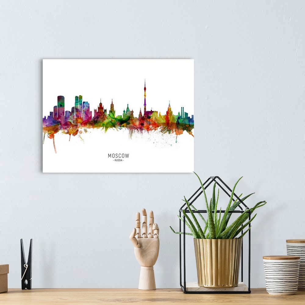 A bohemian room featuring Watercolor art print of the skyline of Moscow, Russia.