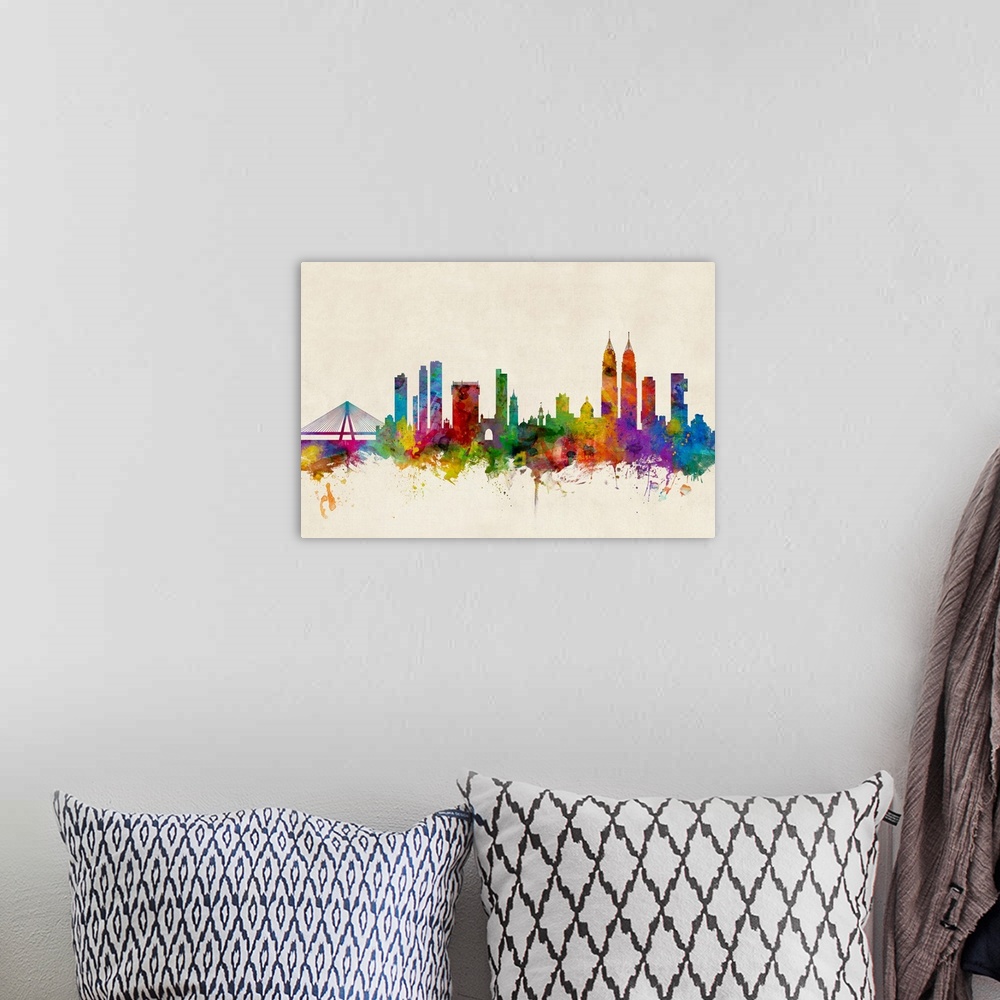 A bohemian room featuring Watercolor art print of the skyline of Mumbai, India.