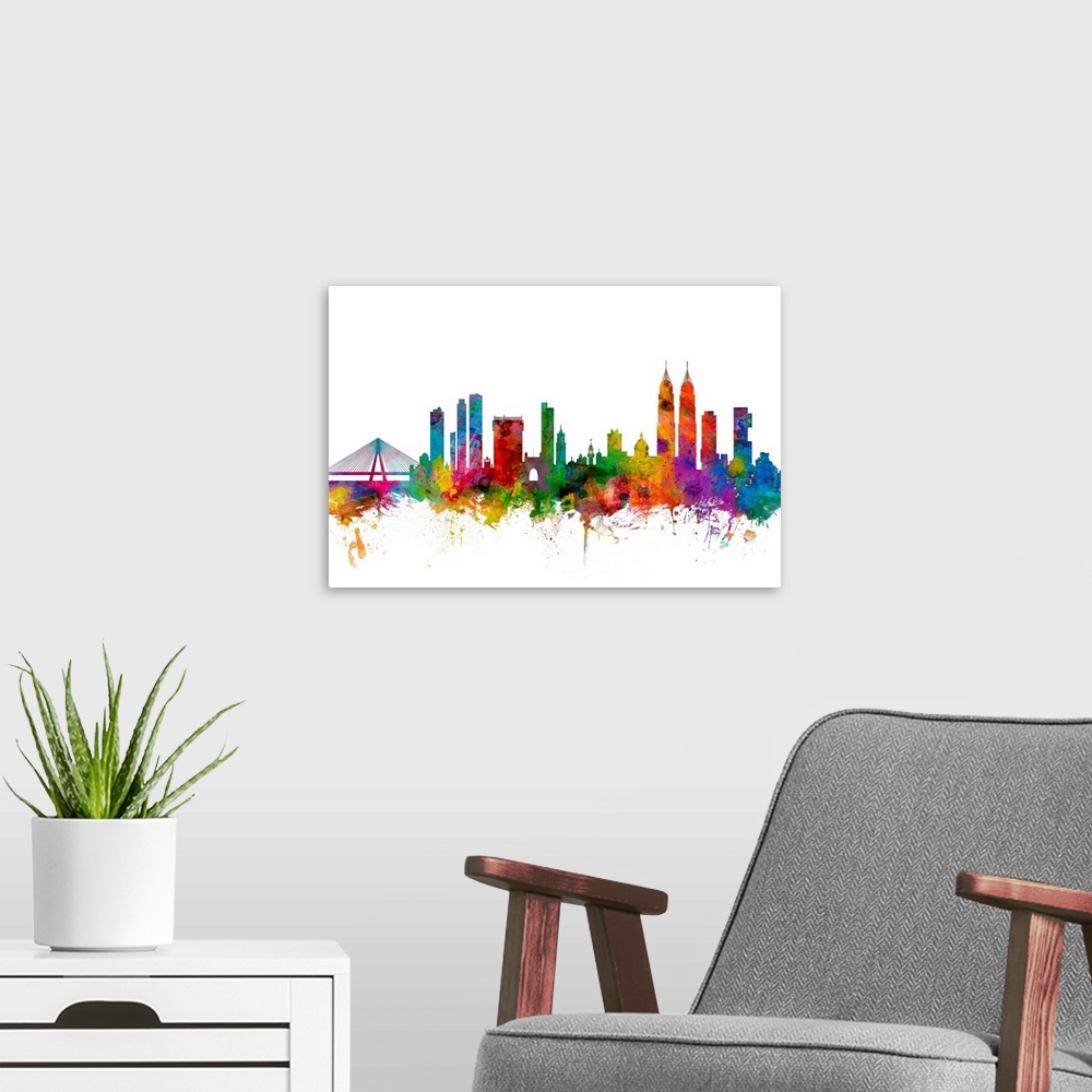 A modern room featuring Watercolor art print of the skyline of Mumbai, India.