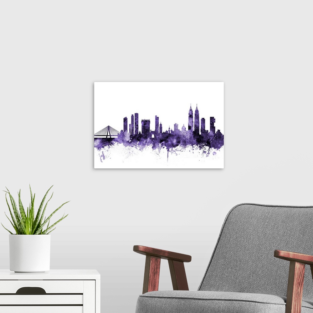 A modern room featuring Watercolor art print of the skyline of Mumbai, India