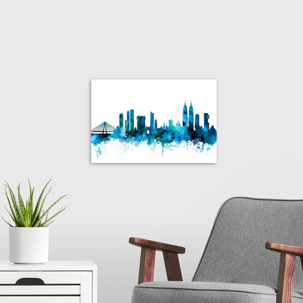 A modern room featuring Watercolor art print of the skyline of Mumbai, India.