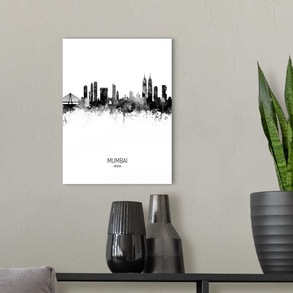 A modern room featuring Watercolor art print of the skyline of Mumbai, India
