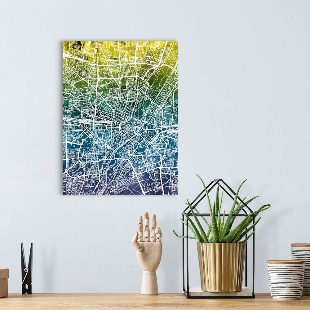 A bohemian room featuring Watercolor street map of Munich, Germany.