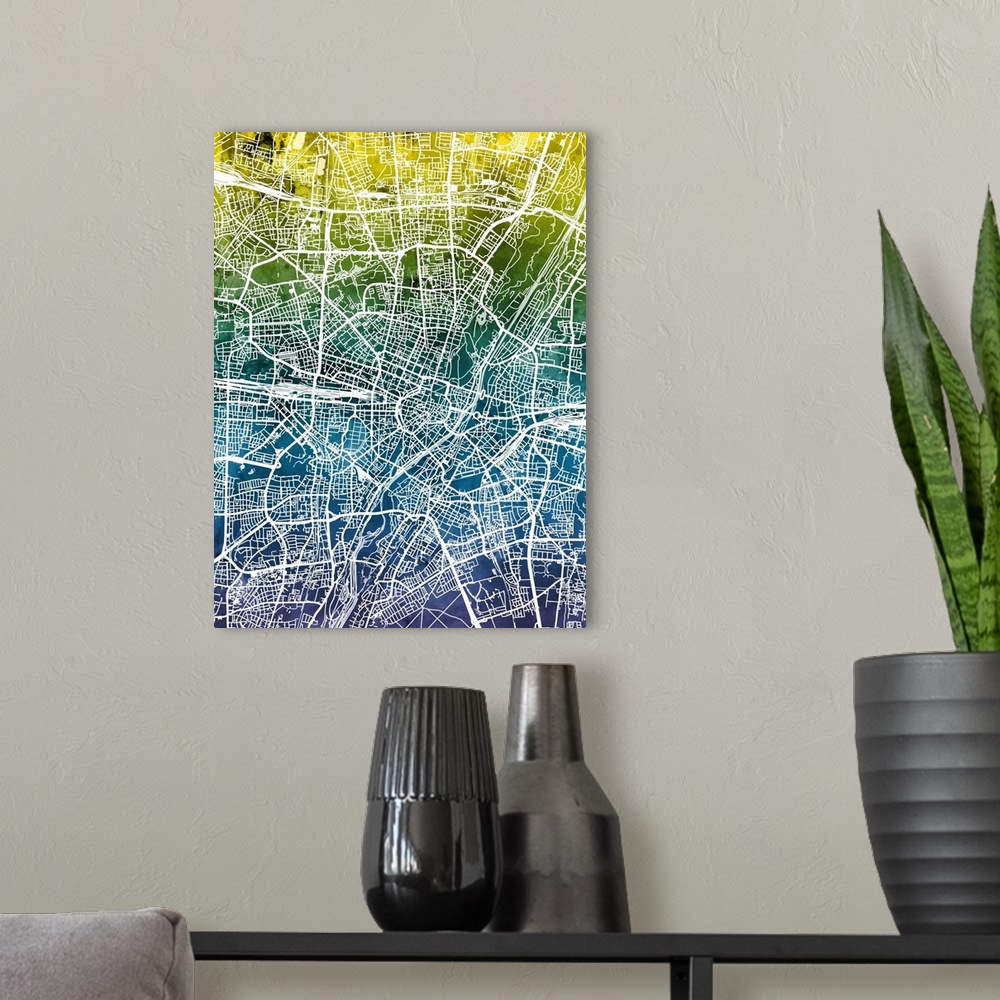 A modern room featuring Watercolor street map of Munich, Germany.