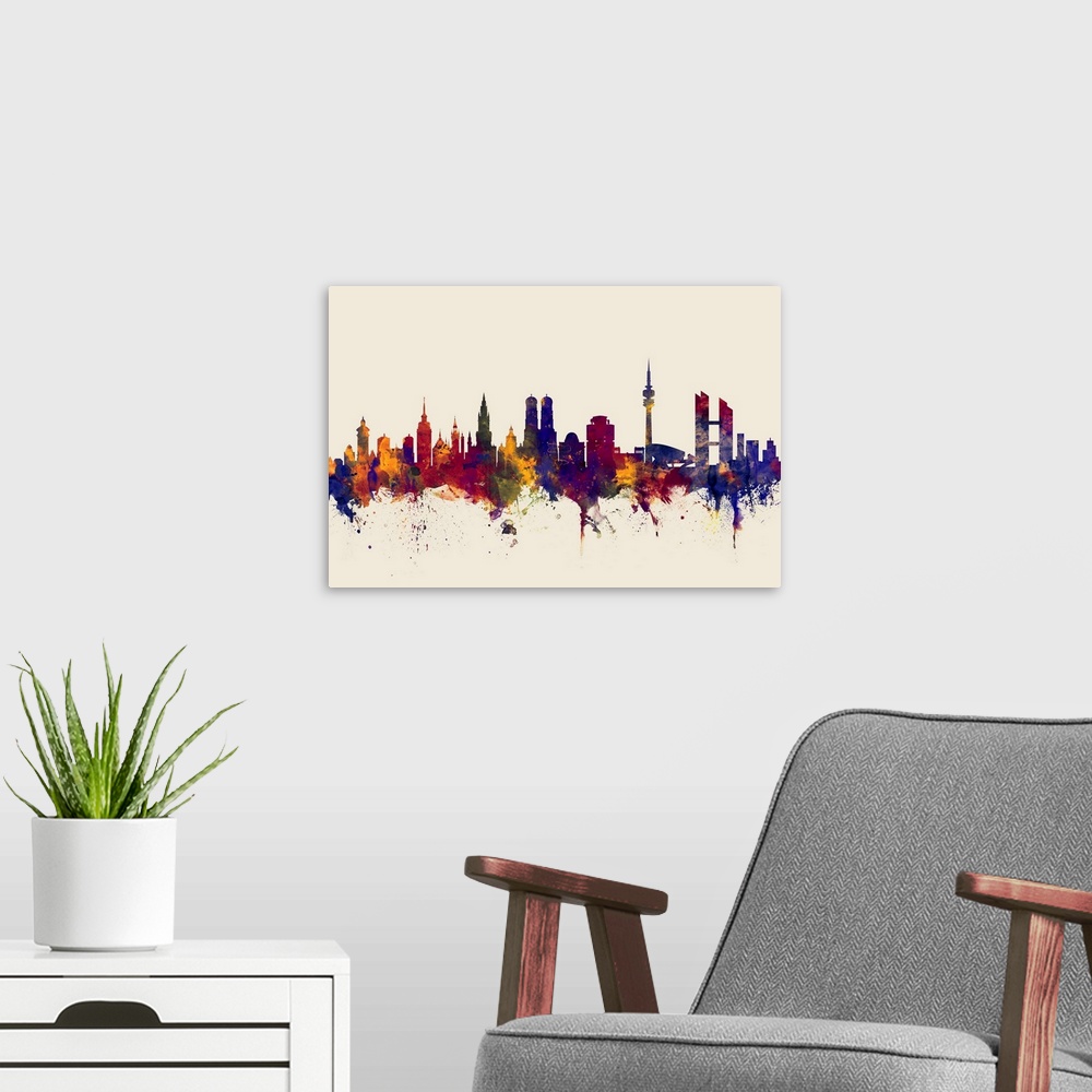 A modern room featuring Watercolor art print of the skyline of Munich, Germany (Mnchen)