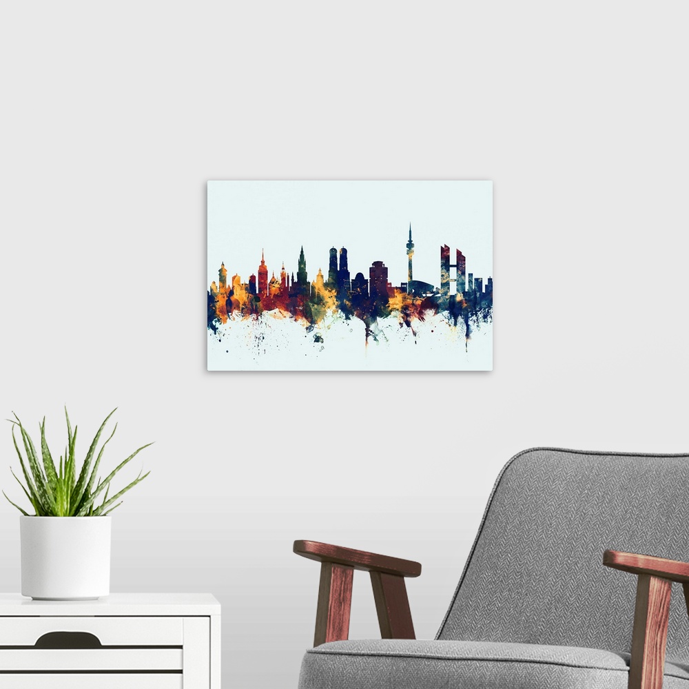 A modern room featuring Watercolor art print of the skyline of Munich, Germany (Mnchen)