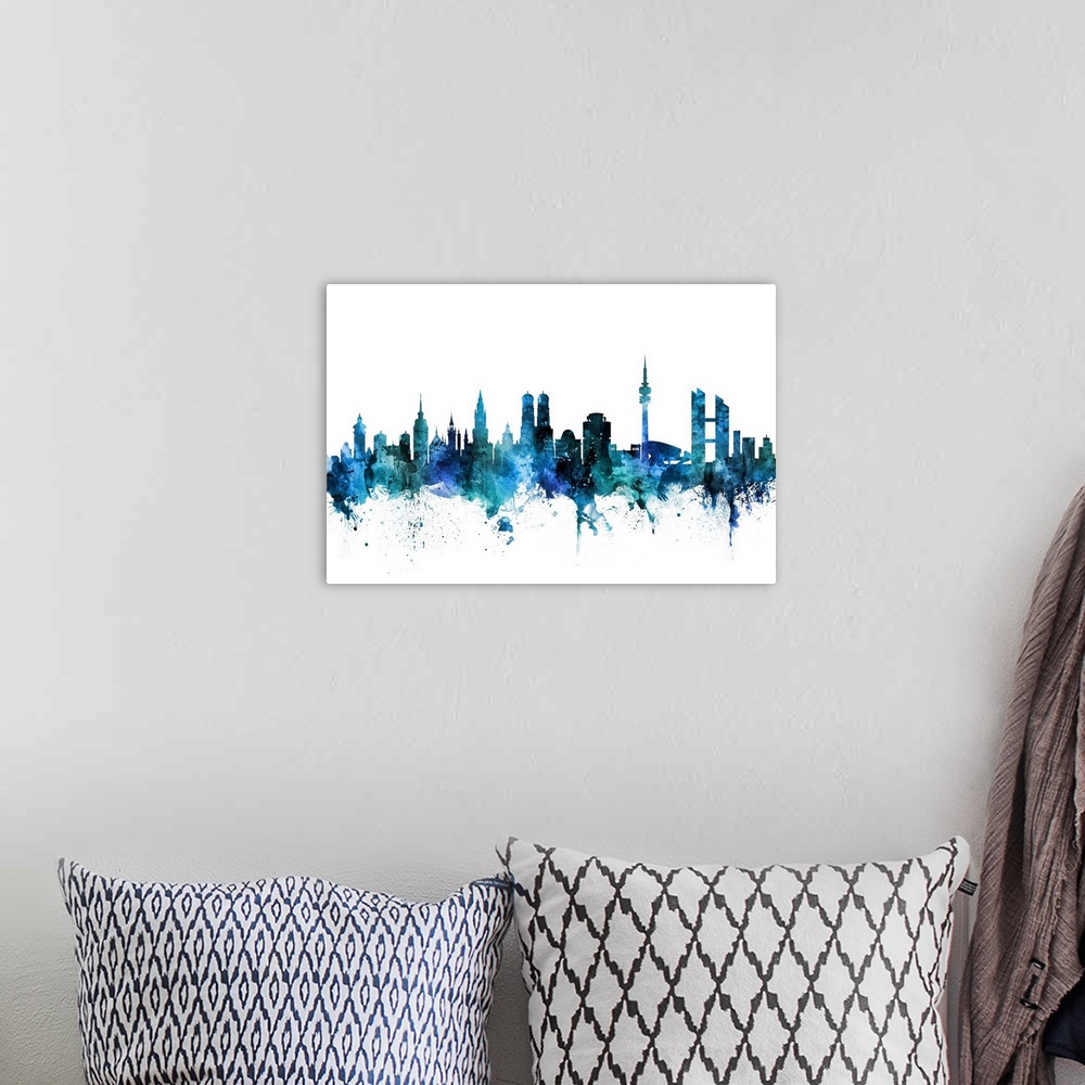 A bohemian room featuring Watercolor art print of the skyline of Munich, Germany (Munchen).