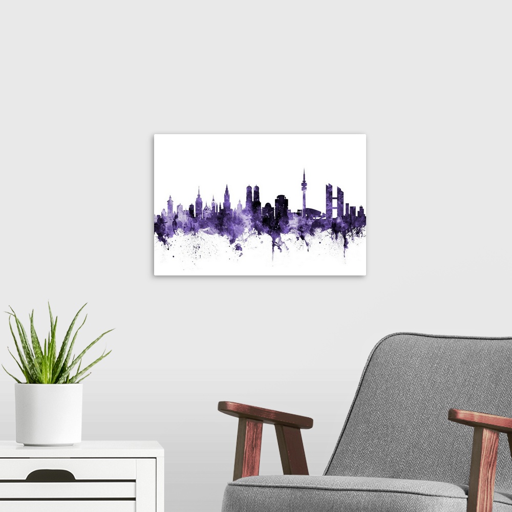 A modern room featuring Watercolor art print of the skyline of Munich, Germany (Munchen)