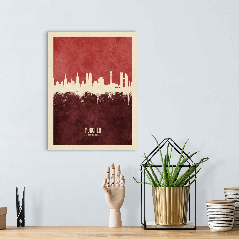 A bohemian room featuring Watercolor art print of the skyline of Munich, Germany.
