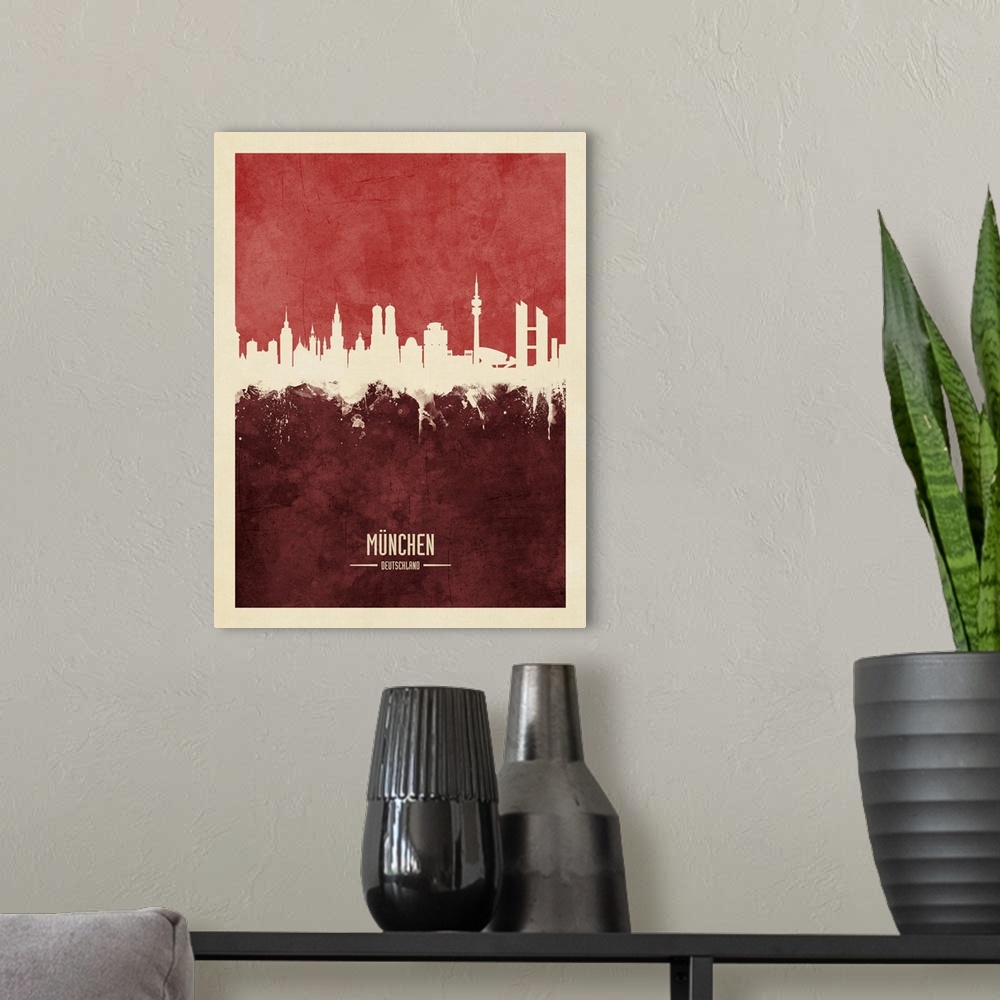 A modern room featuring Watercolor art print of the skyline of Munich, Germany.