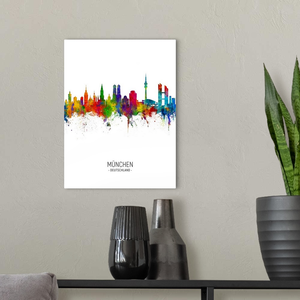 A modern room featuring Watercolor art print of the skyline of Munich, Germany (MAnchen)