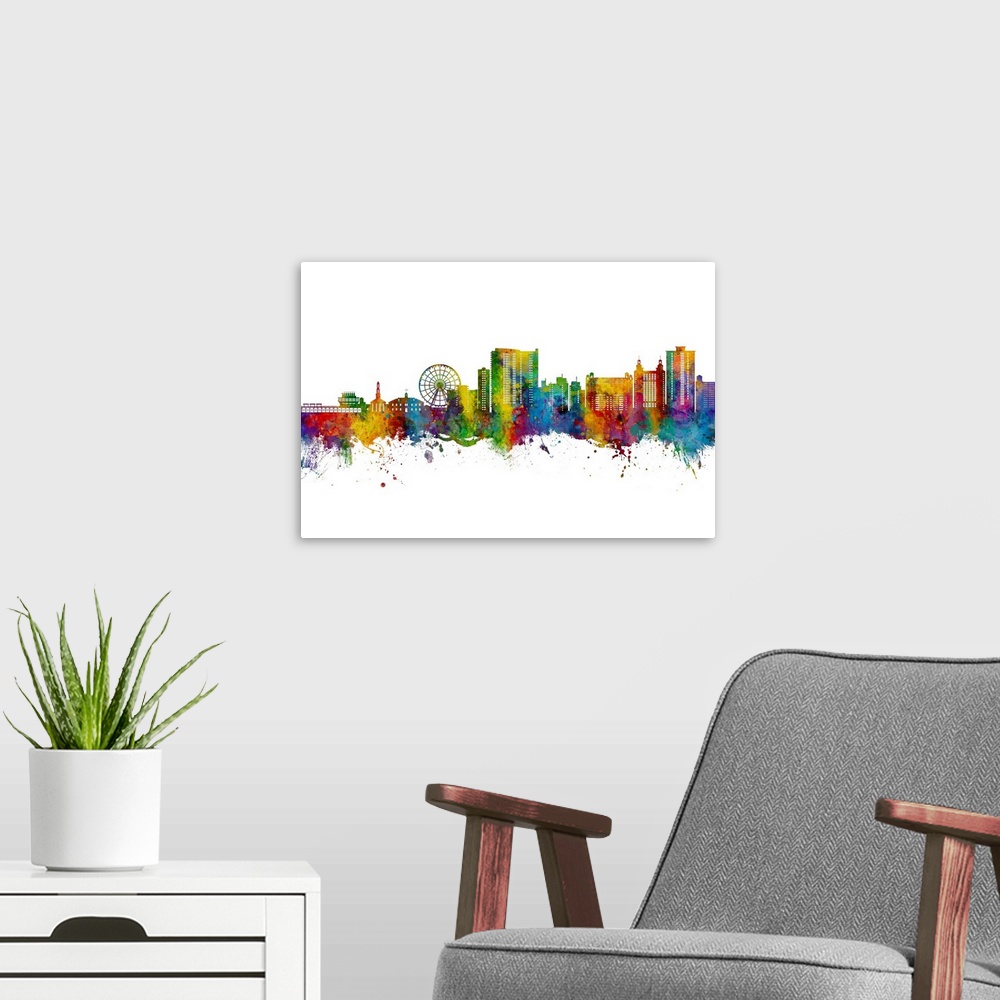 A modern room featuring Watercolor art print of the skyline of Myrtle Beach, South Carolina, United States